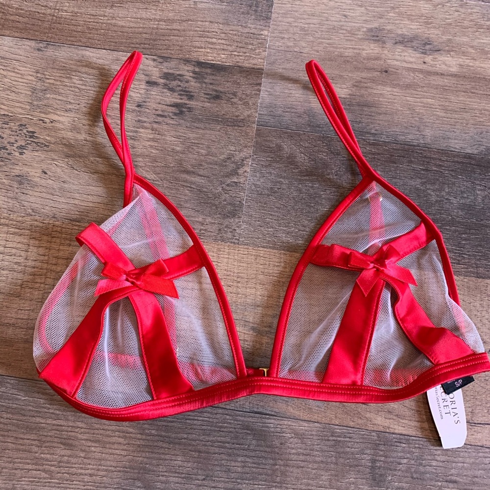 VS Sheer Mesh Christmas Bralette with Red Bows